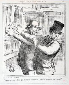 Kunstwerk door Honore Daumier. Charivari dateert uit 1865: Serie Schetsen Gemaakt op de Salon - Laten we niet zo burgerlijk zijn... bewonder tenminste deze Courbet! MUSEUM VAN SCHONE KUNSTEN - PALEIS LONGCHAMP, MARSEILLE door Honoré Daumier