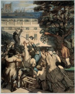 Camille Desmoulins (1760-1794) spreekt de patriotten toe in de tuinen van het Koninklijk Paleis