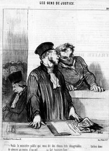 Hier is het openbaar ministerie dat je zeer onaangename dingen vertelt... probeer tenminste met één oog te huilen... het voelt altijd goed!... , uit de "Gens de Justice", serie cartoons over Justitie door Honore Daumier. "Charivari" door Honoré Daumier