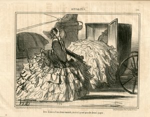Le Charivari, Satirisch in ZW, ca. 1855_5_11: Nieuws nr. 190. Dames van een halve wereld maar niet van rokken. - Mode, Transport, Crinolines - Vrouwen Illustratie door Honore Daumier (1808-1879)