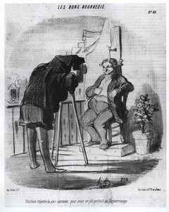 Les Bons Bourgeois - De meest geschikte positie om een mooi portret in de daguerreotypie te hebben, karikatuur van Daumier - in 