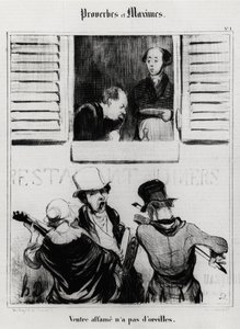Spreekwoorden en gezegden: hongerige buik heeft geen oren. Illustratie door Honore Daumier (1808-1879). Karikatuur 19e eeuw, Musee Carnavalet, Parijs.