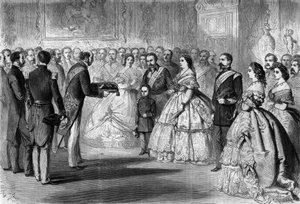 Koningin Isabella II van Spanje (Isabella van Bourbon) (1830-1904) ontving het grootkoord van het Legioen van Eer in naam van haar zoon, de Prins van Asturië. Aanwezig zijn: Napoleon III (1808-1873) en Prins Imperial (1856-1879)