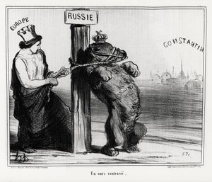 Rusland: een beer boos (door Europa). In maart 1854 vormden Frankrijk en Engeland een alliantie met Turkije tegen Rusland. Illustratie door Honore Daumier, gepubliceerd in het nieuws, 