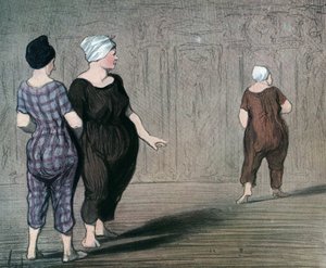 Serie "Les baigneuses" twee vrouwen in badpak onderzoeken de snit van een ander, karikatuur door Honore Daumier (1808-1879) 1844 (De baders: twee dames in badpak kijken op en neer naar de taille van een ander) Privécollectie door Honoré Daumier