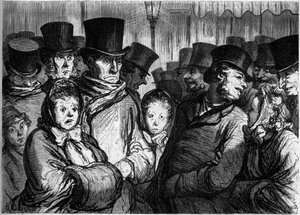 Temple Boulevard om middernacht. Links, mensen die uit het drama komen. Rechts, mensen die de funambules verlaten. Cartoon door Honore Daumier (1808-1879). Gravure in 