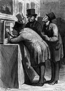 Het veilinghuis: de kunstliefhebber. Karikatuur door Honore Daumier. Gravure in "Le Monde Illustré" nr. 314 van 18 april 1863 door Honoré Daumier