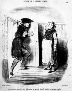 Ongemakkelijk om zonder waarschuwing een entresol te bezoeken waarvan het plafond een beetje te laag is (uit Huurders en Eigenaren, cartoonserie door Honore Daumier, gepubliceerd in Charivari) door Honoré Daumier