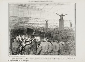 Zicht op de grote zaal, plaat 1 uit Souvenir Du Grand Festival Des Orphéonistes door Honoré Daumier