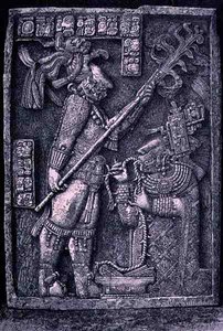 Gesneden stenen latei van Tempel 23, Yaxchilan, 726 AD, met de heerser Schild Jaguar en zijn vrouw, Lady Xoc, die een bloedoffer-ritueel uitvoeren, uit De oude steden van de Nieuwe Wereld, door Claude-Joseph-Desire Charnay