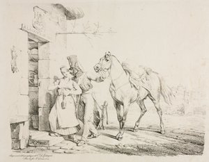 Een huzaar omhelst een dienaar door Emile Jean Horace Vernet