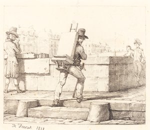 Kunstenaar die een ezel met een lithografische steen draagt