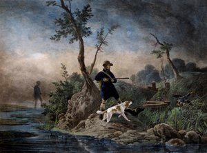 Eendenjacht in het moeras door Emile Jean Horace Vernet