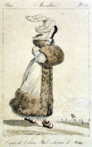 Elegante vrouw met een jas en een fluwelen hoed met veren. Vrouwenmode illustratie door Horace Vernet (1789 - 1863) voor nummer 20, circa 1810, van een 
