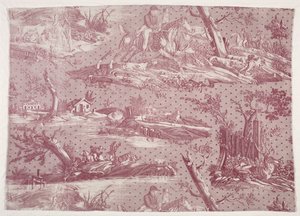 Fragment van koperplaat bedrukt katoen met jachtscène ontwerp, ca. 1815