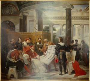 Paus Julius II, die het werk van het Vaticaan en de Basiliek van Sint-Pieter in Rome beveelt, omringd door Michelangelo, Bramante en Raphael