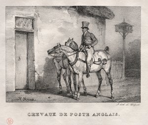 Postpaarden, 1823 door Emile Jean Horace Vernet