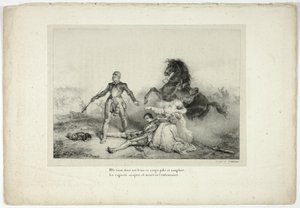 Ze hield in haar armen het lijk bleek en bloederig... door Emile Jean Horace Vernet