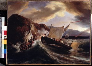 Een zeeslag. Schilderij van Horace Vernet. Olie op doek door Emile Jean Horace Vernet