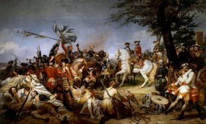 Oorlog van de Oostenrijkse Successie (1740-1748): De Slag bij Fontenoy 11/05/1745; de Maarschalk van Saksen presenteert de gevangenen en de Engelse vlaggen aan Lodewijk XV door Emile Jean Horace Vernet