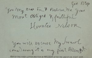 Deel van de eerste brief geschreven door Nelson na het verlies van zijn rechterarm door Horatio Nelson