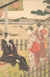Groep bij een Theehuis aan de Oever van de Sumida-rivier, ca. 1790 door Hosoda Eishi