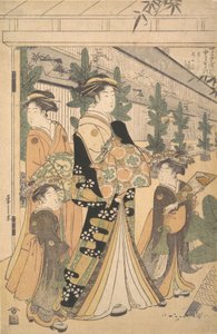 Twee Oiran met Twee Vrouwelijke Bedienden in de Yoshiwara