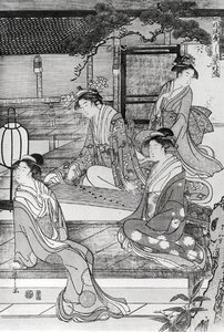 Vrouw die de Koto speelt door Hosoda Eishi