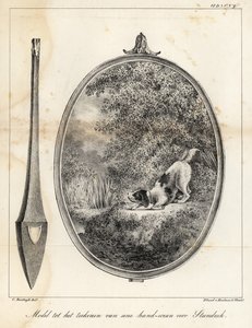 Model voor een ontwerp voor een geborduurd handscherm met een hond aan de rivier door Houtman Van