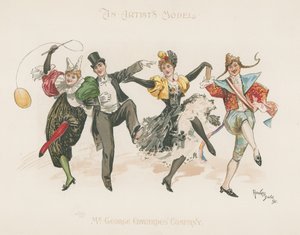 Een groep van twee mannen en twee vrouwen, allen in kostuum, al dansend (kleurenlitho) door Howard Davie