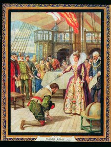 Koningin Elizabeth I (1530-1603) riddert Francis Drake (1540-96), illustratie uit 