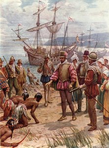 Sir Walter Raleigh landt in Virginia (kleur litho)