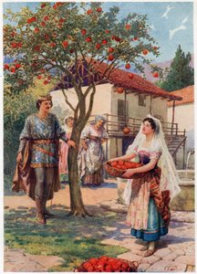 De vrucht viel vanzelf in de mand, uit Italiaanse sprookjes, door Lilia E. Romano, gepubliceerd door Raphael Tuck & Sons door Howard Davie
