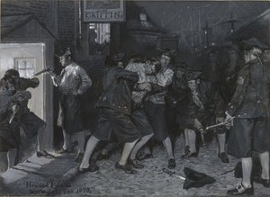 Bij het uithangbord van de Griffioen, tekening voor een illustratie bij het artikel „Oude koffiehuizen van New York“ van John Austin Stevens door Howard Pyle