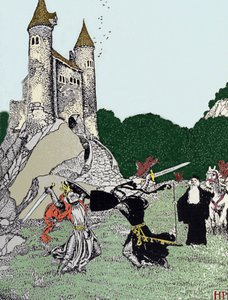 Strijd tussen Koning Arthur en de zwarte ridder in aanwezigheid van Merlijn de tovenaar. Illustratie door Howard Pyle (1853 - 1911)