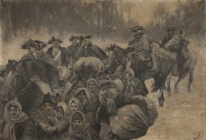 Vijf rood geklede soldaten te paard, met een andere gehuld tot de ogen...omringd door een bont gezelschap van arme mensen, jong en oud door Howard Pyle