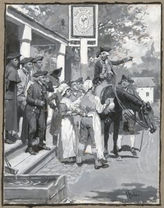 Hij Stopt bij het Teken van de Weerhaan, tekening van de illustratie voor het gedicht door Howard Pyle
