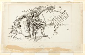 Illustratie voor The Accommodating Circumstance, II; Een lange pijl op zijn boog passend, stuurde hij deze direct door de voorste ruiter door Howard Pyle