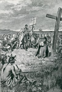 Jacques Cartier (1491-1557) zet een kruis op in Gaspe, illustratie uit 