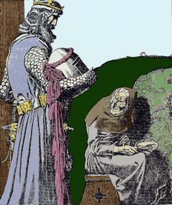 Koning Arthur (Artus) en de heks. Illustratie door Howard Pyle (1853 - 1911), Amerikaanse illustrator.