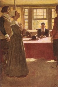 Mary Dyer voor gouverneur Endicott gebracht, illustratie uit 