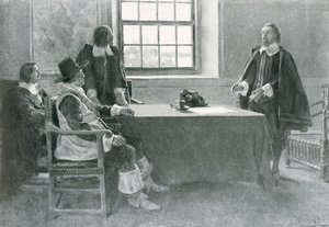 Sir William Berkeley geeft zich over aan de commissarissen van het Gemenebest, illustratie uit 