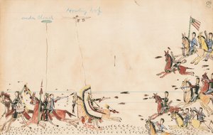 Onder Cloud en Howling Wolf vechten met Gen. Sully in 1868, 7th Cavy nabij het huidige Camp Supply, 1874-75 (pen, inkt en wc op grootboekpapier)