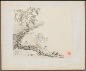 Album van Landschapsschilderijen die Oude Gedichten Illustreren: Een Man Ligt onder een Rotsachtige Overhang, 1700s door Hua Yan