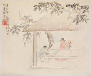 Album van Landschapsschilderijen die Oude Gedichten Illustreren: Een Man Zit aan een Tafel voor een Open Rol; een Jongen Mengt Inkt door Hua Yan