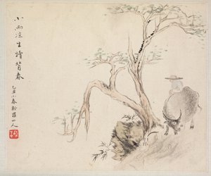 Album van Landschapsschilderijen die Oude Gedichten Illustreren: Een Man Zit op een Waterbuffel, 1700s door Hua Yan