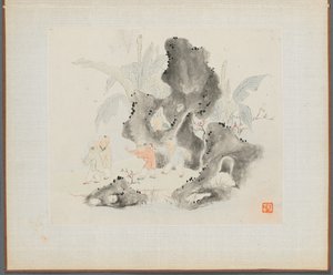 Album van Landschapsschilderijen die Oude Gedichten Illustreren: Kinderen Spelen in een Rotsachtig Bos door Hua Yan