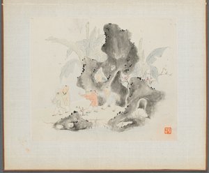 Album van landschapsschilderijen die oude gedichten illustreren: Kinderen spelen in een rotsachtige bos, 1700s door Hua Yan