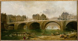 Sloop van de huizen op de Notre-Dame brug in ... door Hubert (circle of) Robert