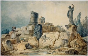Twee jonge vrouwen tekenen de ruïnes van Rome, drie figuren in antieke kleding observeren hen van bovenaf ... door Hubert (circle of) Robert